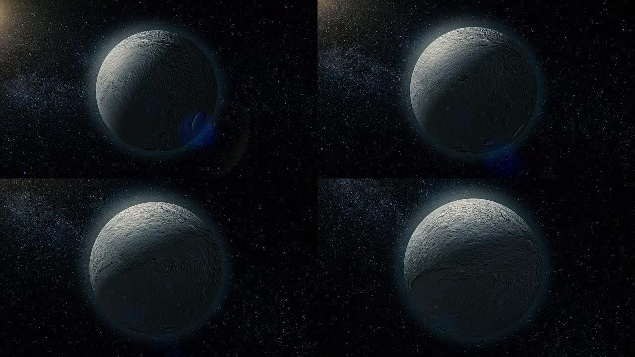 土卫四，土星的中型卫星，位于土星的中型卫星上。3d渲染。土星的瑞亚卫星