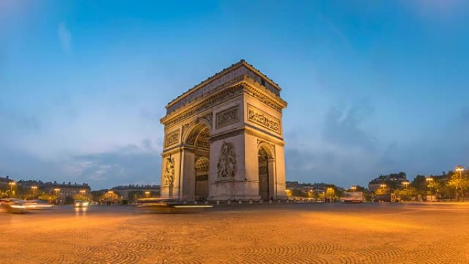 Paris city skyline night to day timelapse at Arc d