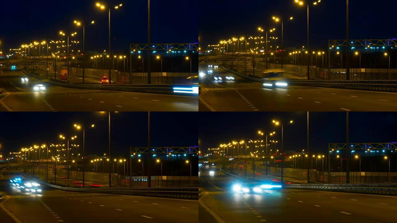 高速公路交通车在夜间流逝。晚上在桥上行驶的汽车延时行驶。