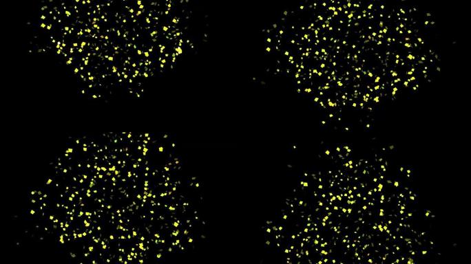 4k金色或黄色五彩纸屑派对波普尔爆炸，从左右和黑色背景掉落。3d动画。运动图形和动画背景。