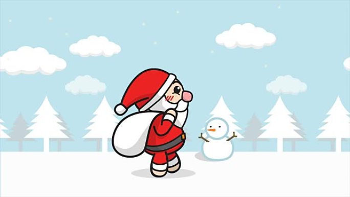 圣诞老人动画无缝循环。卡通圣诞老人与礼品袋走在雪林与冬季景观，雪落下，雪人在背景。圣诞快乐镜头背景