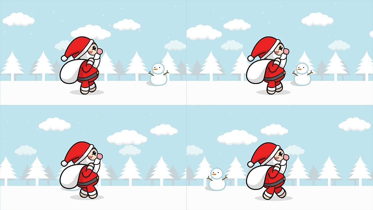 圣诞老人动画无缝循环。卡通圣诞老人与礼品袋走在雪林与冬季景观，雪落下，雪人在背景。圣诞快乐镜头背景