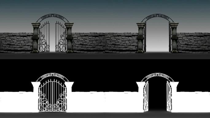 哥特式大门在阴暗的背景下打开，3D动画