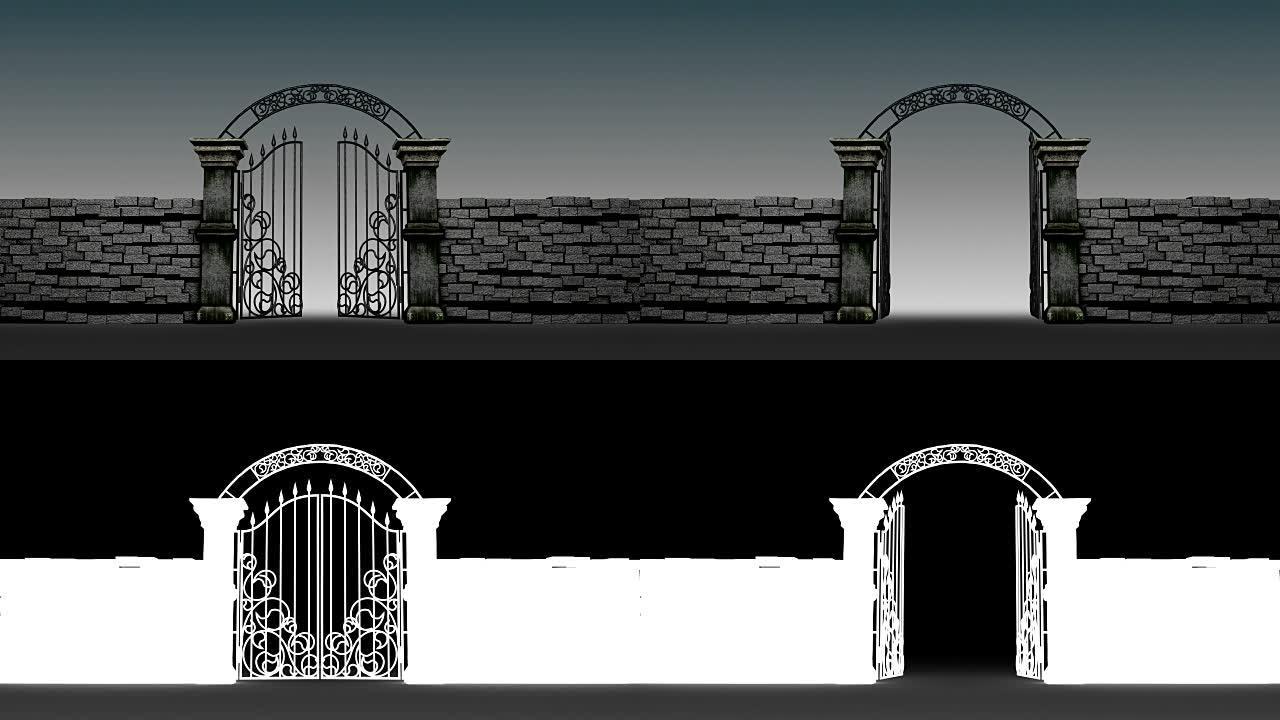 哥特式大门在阴暗的背景下打开，3D动画