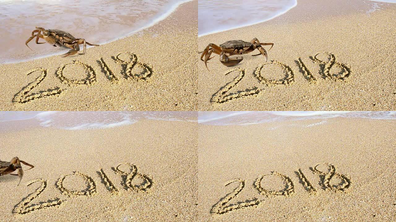 螃蟹和沙滩上的铭文。题字2018在沙子上。