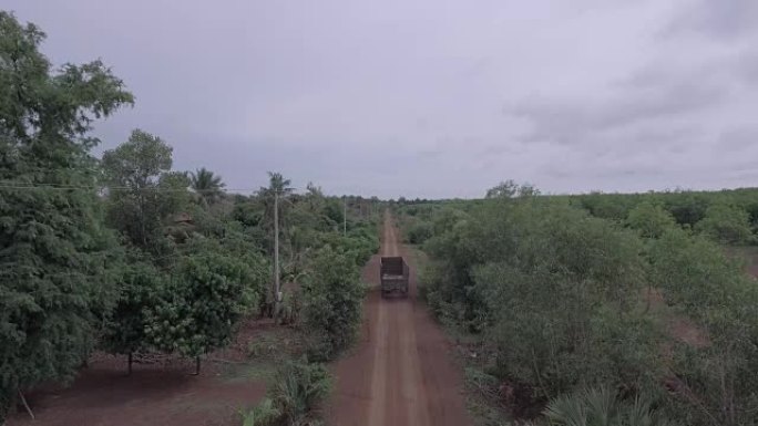 卡车在尘土飞扬的道路上行驶，穿过热带植被