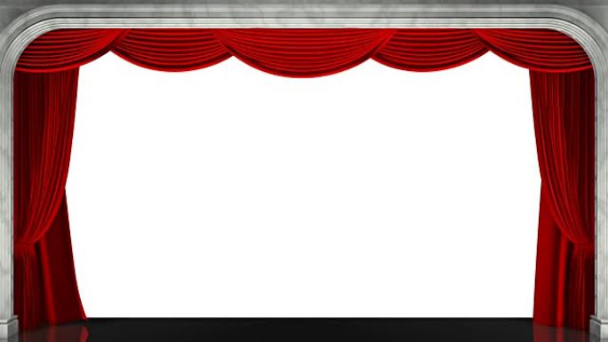 打开的红色舞台窗帘的3D渲染剪辑。添加了动画面具