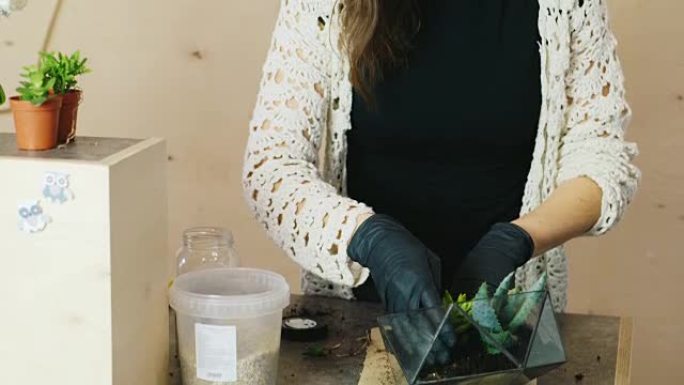 一位女花店在shkelyan水族馆中制作花朵组合物