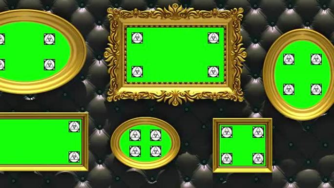 图片库3d动画。豪华黑色室内装饰背景上的金色相框。摄像机沿着墙壁移动，无缝循环。包括运动跟踪标记和绿