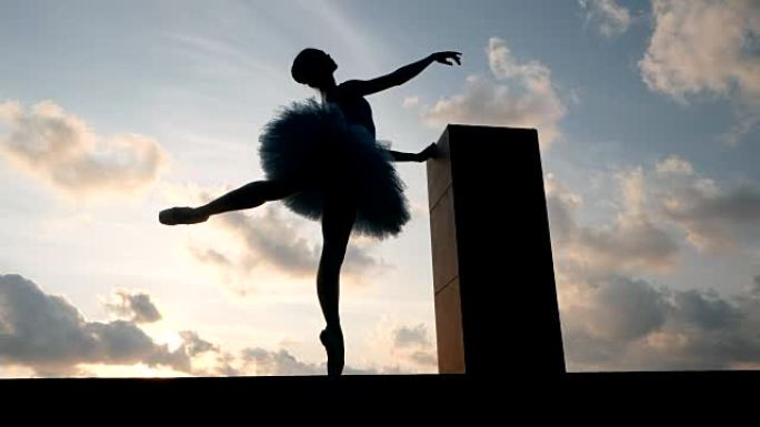 芭蕾舞短裙和圆角在多云的天空背景上的芭蕾舞女演员的剪影。年轻漂亮的女人练习伸展运动。静态姿势的女孩。