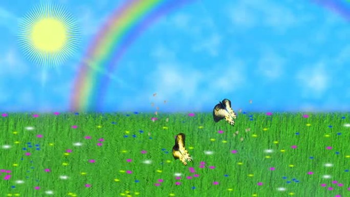 夏季自然。蝴蝶和飞蛾在草地和蓝天的背景下旋转，阳光明媚，出现彩虹。