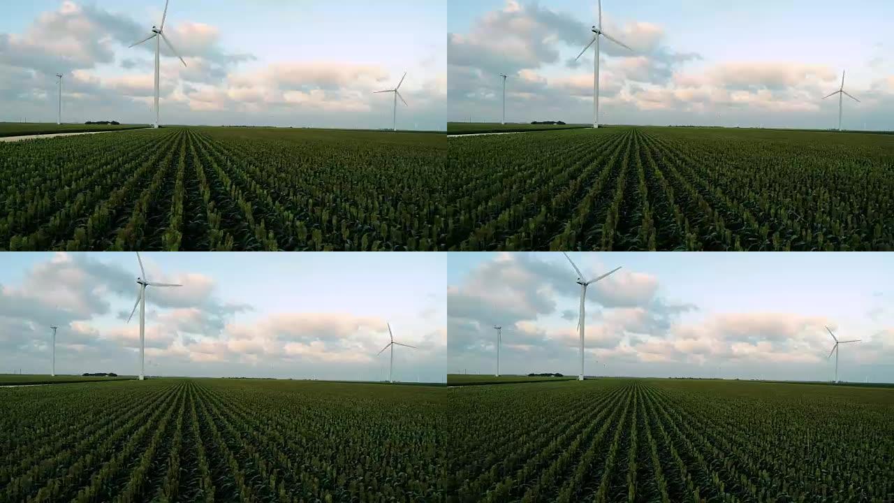 侧盘横穿成排的玉米无人机在风电场中观察风力涡轮机