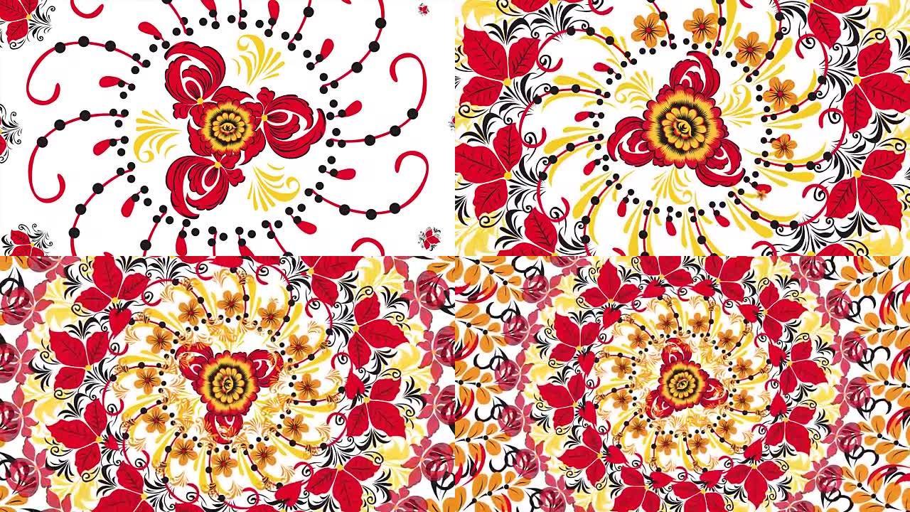 Khokhloma.抽象分形变换背景.可循环。在黑色和金色背景上画红色的花朵和浆果的Khokhlom