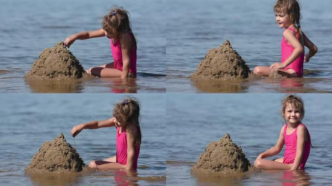 河浅处的一个女孩送来了一大堆沙子