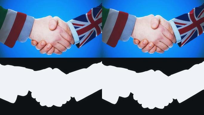 意大利-英国/握手概念动画关于国家和政治/与matte频道