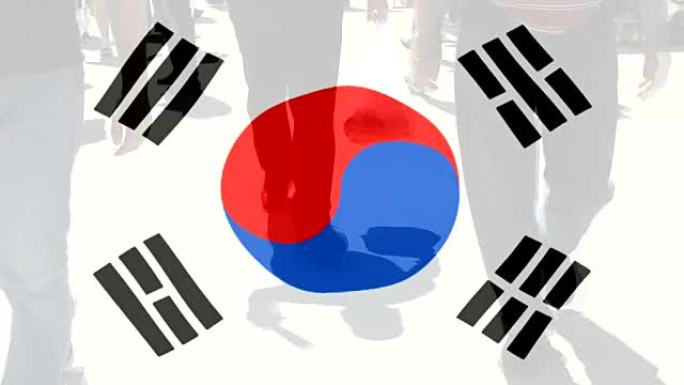 南韩国旗与民众行走为背景