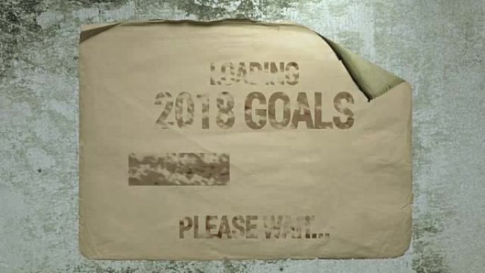 旧纸广告在水泥墙上，带有进度条铭文加载2018目标请等待。模仿相机抖动和闪光。