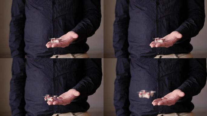 小无人机盘旋在手上，慢动作