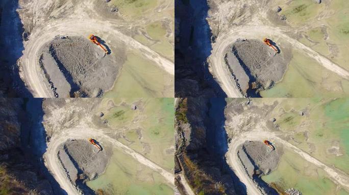 鸟瞰图和摄像机在采石场上空飞行。