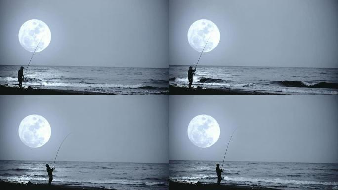 奇妙的风景。晚上在月球上钓鱼。高清