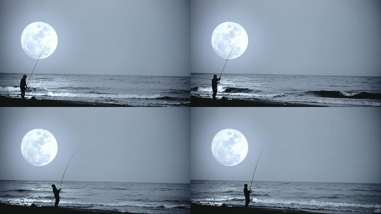 奇妙的风景。晚上在月球上钓鱼。高清