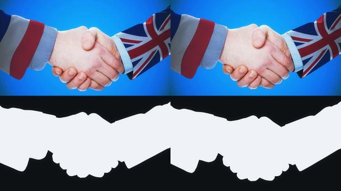 法国-英国/握手概念动画关于国家和政治/与matte频道