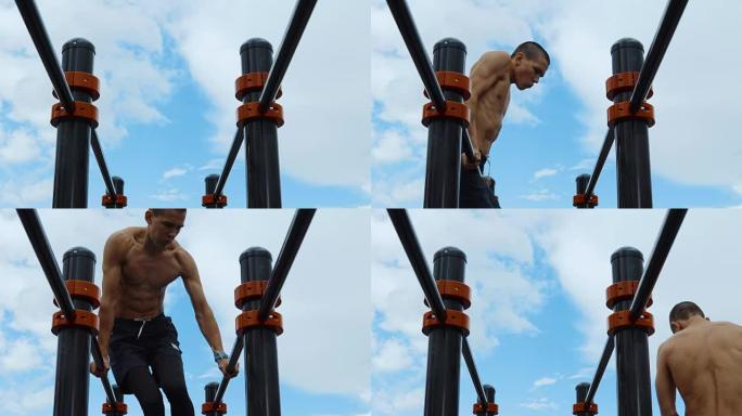一个瘦弱而肌肉发达的家伙在健身杆上训练。