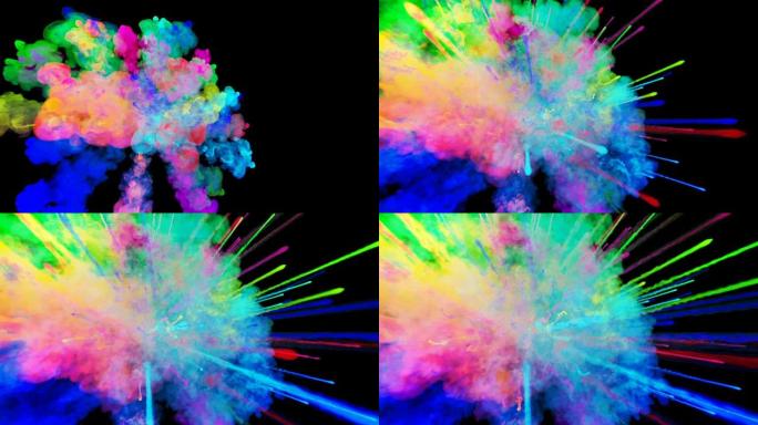 黑色背景上孤立的粉末爆炸。粒子的3d动画作为彩色背景或叠加效果。彩虹色粉的爆发，如胡里节。33