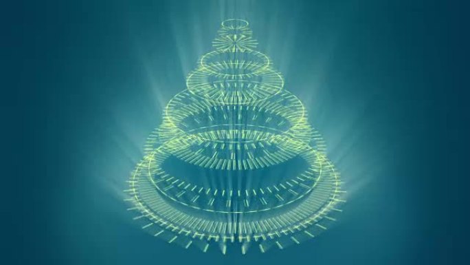 风格化奇异的圣诞树，蓝色背景由黄色机械螺旋轮组成。