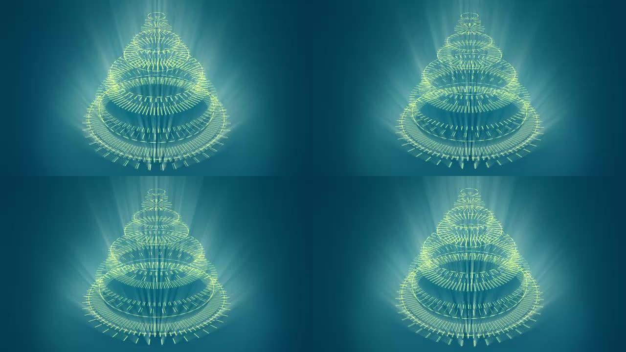 风格化奇异的圣诞树，蓝色背景由黄色机械螺旋轮组成。