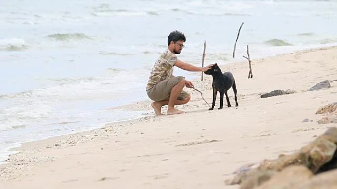 WS: 男人在海滩上和他的狗玩耍