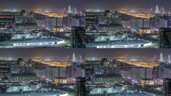 阿布扎比市中心空中天际线从夜间延时