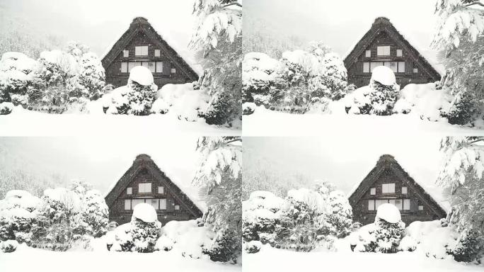 雪下白川乡村的一间日本木屋