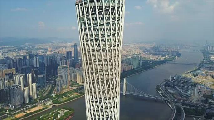 晴天广州猎德桥珠江广州塔顶空中全景4k中国
