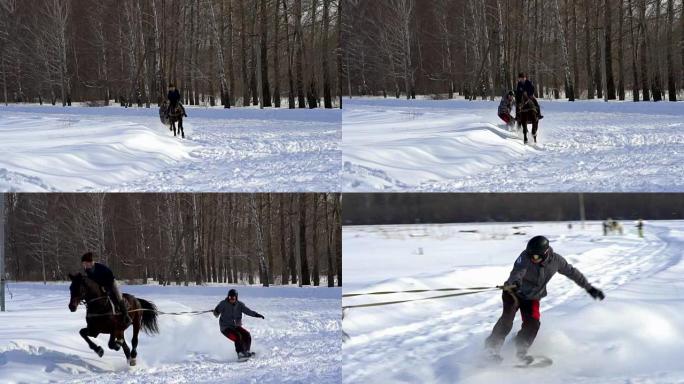 慢动作: 一个女孩骑着马疾驰。一匹马在绳子上拖着一个滑雪者。滑雪者在雪堆中骑在滑雪板上。女骑师和男滑