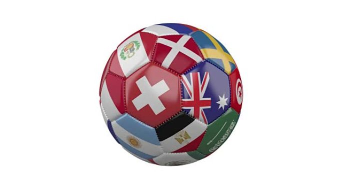 旋转足球，白色背景上有世界各国的旗帜，循环