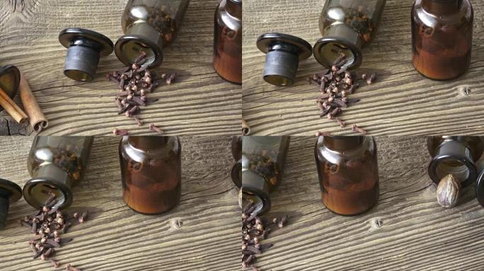 Brown glass jars with spices