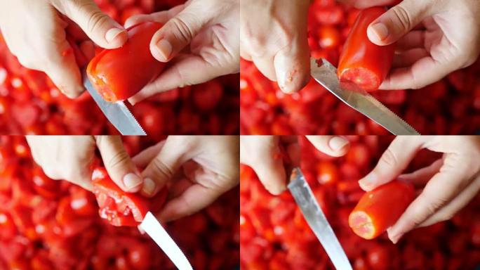准备自制番茄酱-切番茄-慢动作