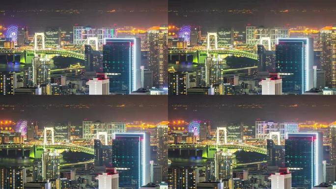 东京铁塔城市视点和悬索桥在夜间时间流逝