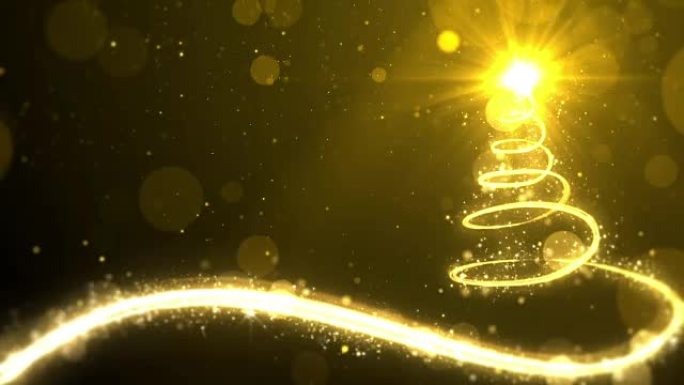 金色背景上的圣诞树灯，带有文本占位符的复制空间