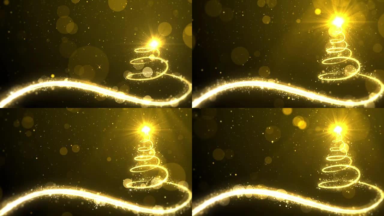金色背景上的圣诞树灯，带有文本占位符的复制空间
