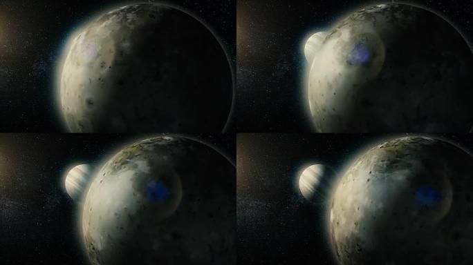 木星及其火山月亮Io的3D计算机插图。木卫一木星月亮