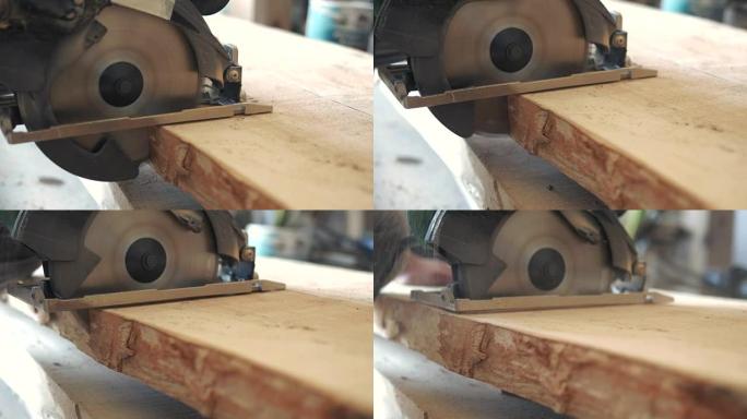 木工横切锯圆锯上的灰板。木匠。4k