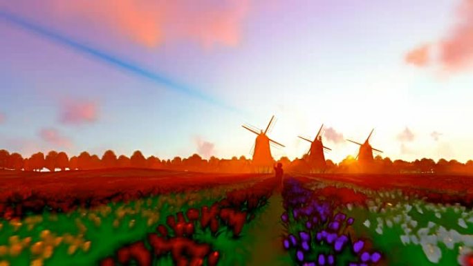荷兰风车和孩子在郁金香的田野上奔跑，以美丽的日落，卡通风格