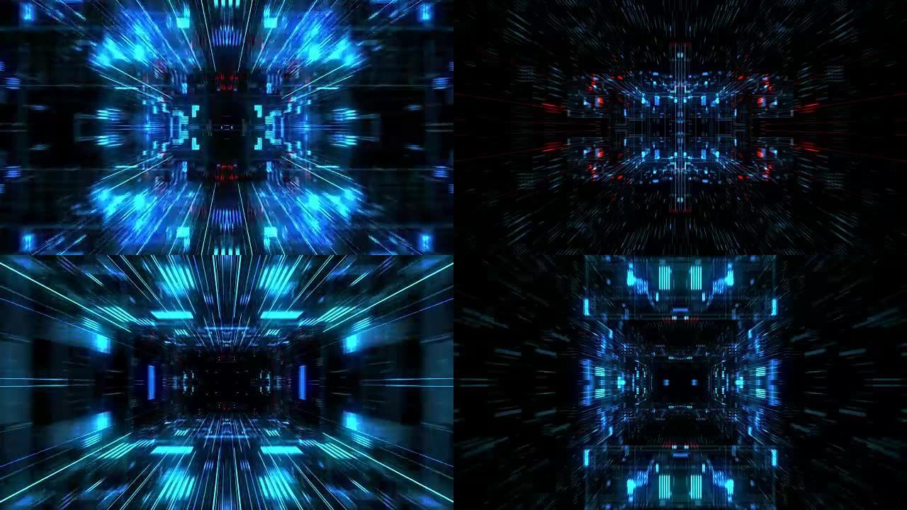 带粒子网格的抽象未来科幻经纱隧道。