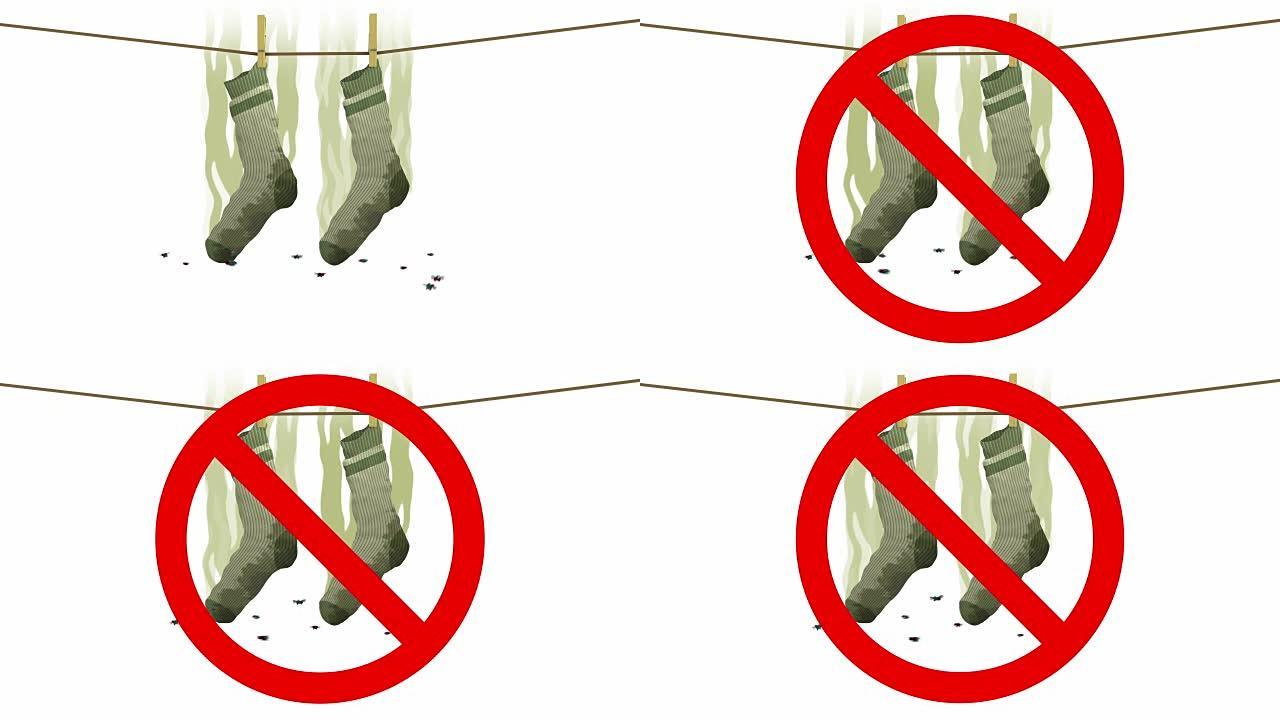 禁袜标志上有臭袜子。3D动画卡通风格。