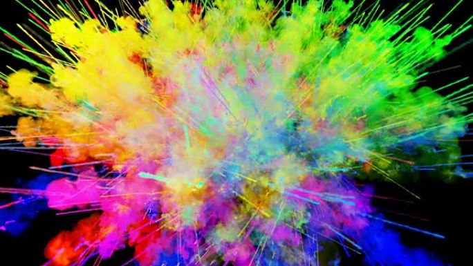 黑色背景上孤立的粉末爆炸。粒子的3d动画作为彩色背景或叠加效果。彩虹色粉的爆发，如胡里节。55