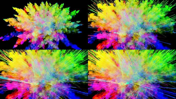 黑色背景上孤立的粉末爆炸。粒子的3d动画作为彩色背景或叠加效果。彩虹色粉的爆发，如胡里节。55