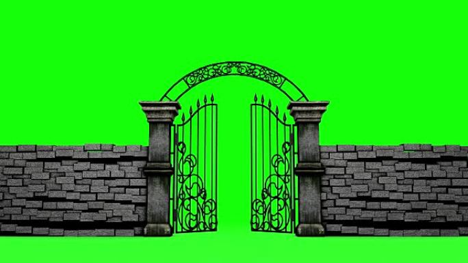 哥特式大门在绿色背景上打开，3D动画