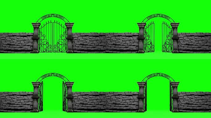 哥特式大门在绿色背景上打开，3D动画